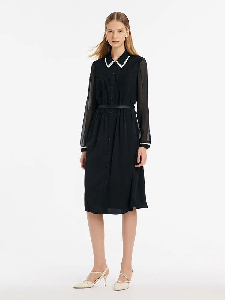 22 Momme Mulberry Silk Contrast Trim Women Midi Dress With Belt