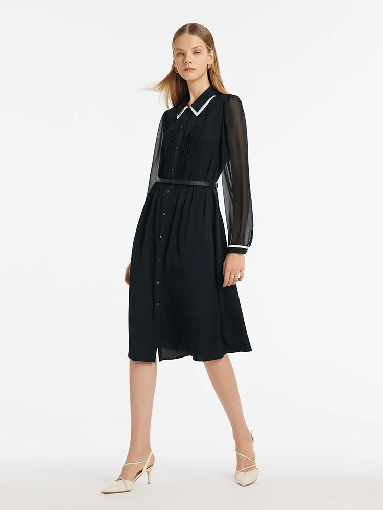 22 Momme Mulberry Silk Contrast Trim Women Midi Dress With Belt