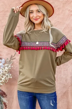 And The Why Boho Ribbon Tassel Trim Top in Olive