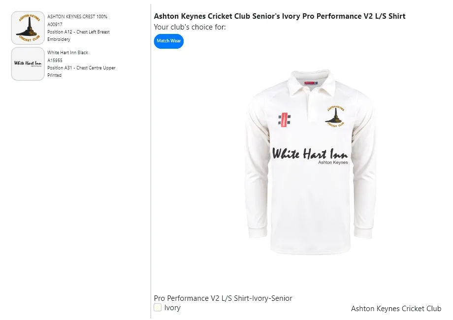 Ashton Keynes Cricket Club Senior's Ivory Pro Performance V2 L/S Shirt