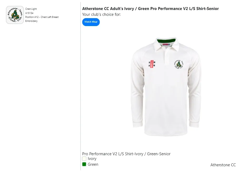 Atherstone CC Adult's Ivory / Green Pro Performance V2 L/S Shirt-Senior