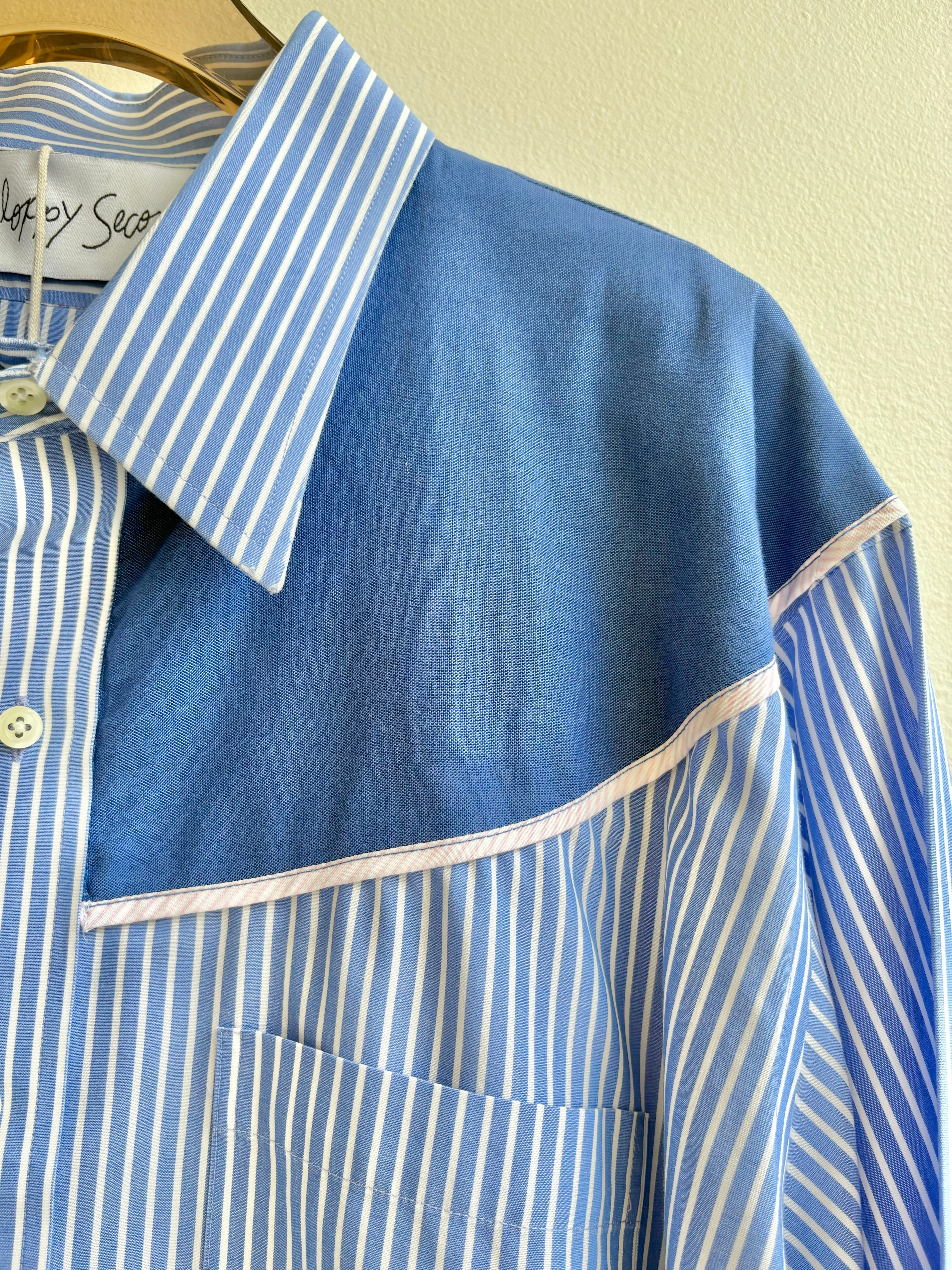 Austin Top | Blue & White Striped Button Down Top w/ Dark Blue Shoulder Accent (Reworked)