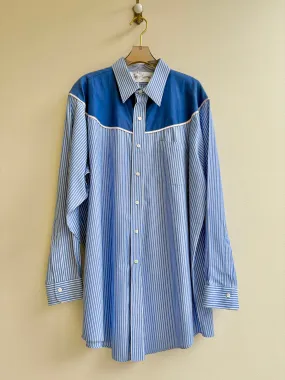 Austin Top | Blue & White Striped Button Down Top w/ Dark Blue Shoulder Accent (Reworked)