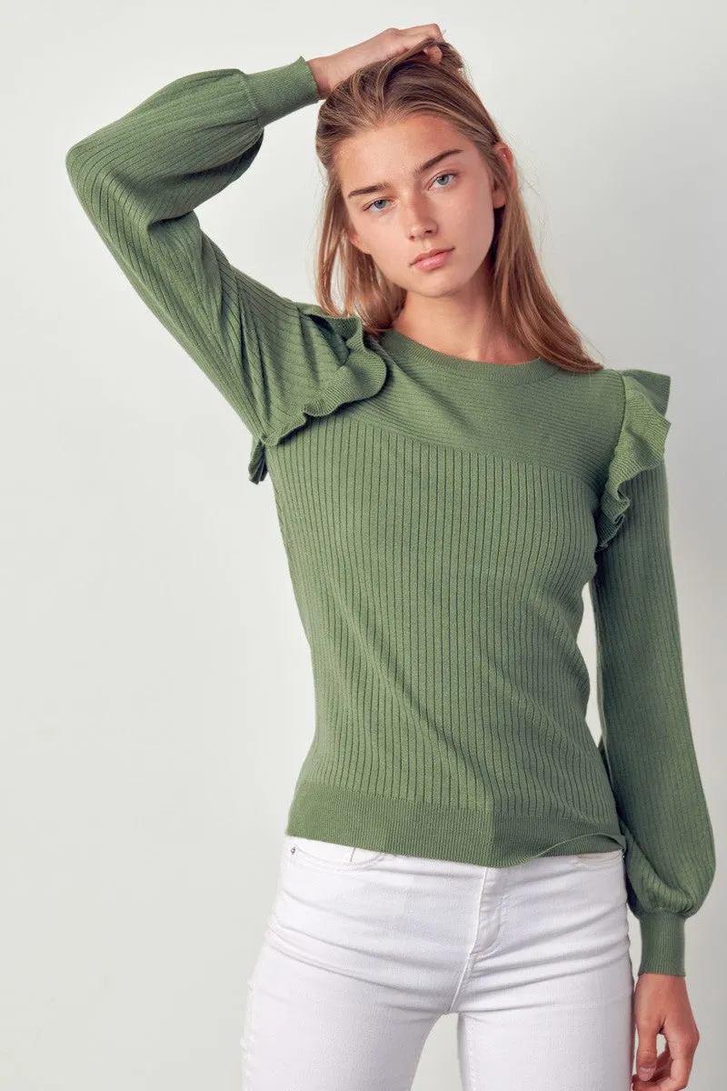 Avocado Shoulder Ruffle Crewneck Sweater