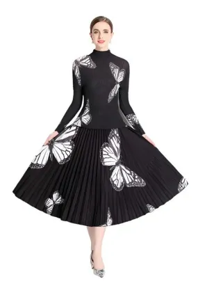 Black White Butterfly 2PC Pleated Outfit