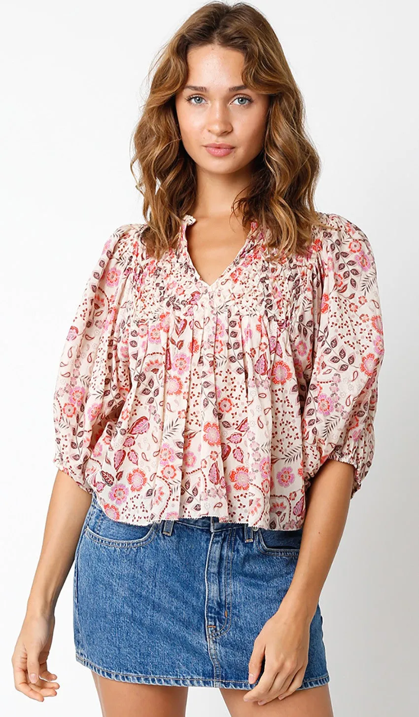 DIAMOND SMOCKED FLORAL PEASANT BLOUSE