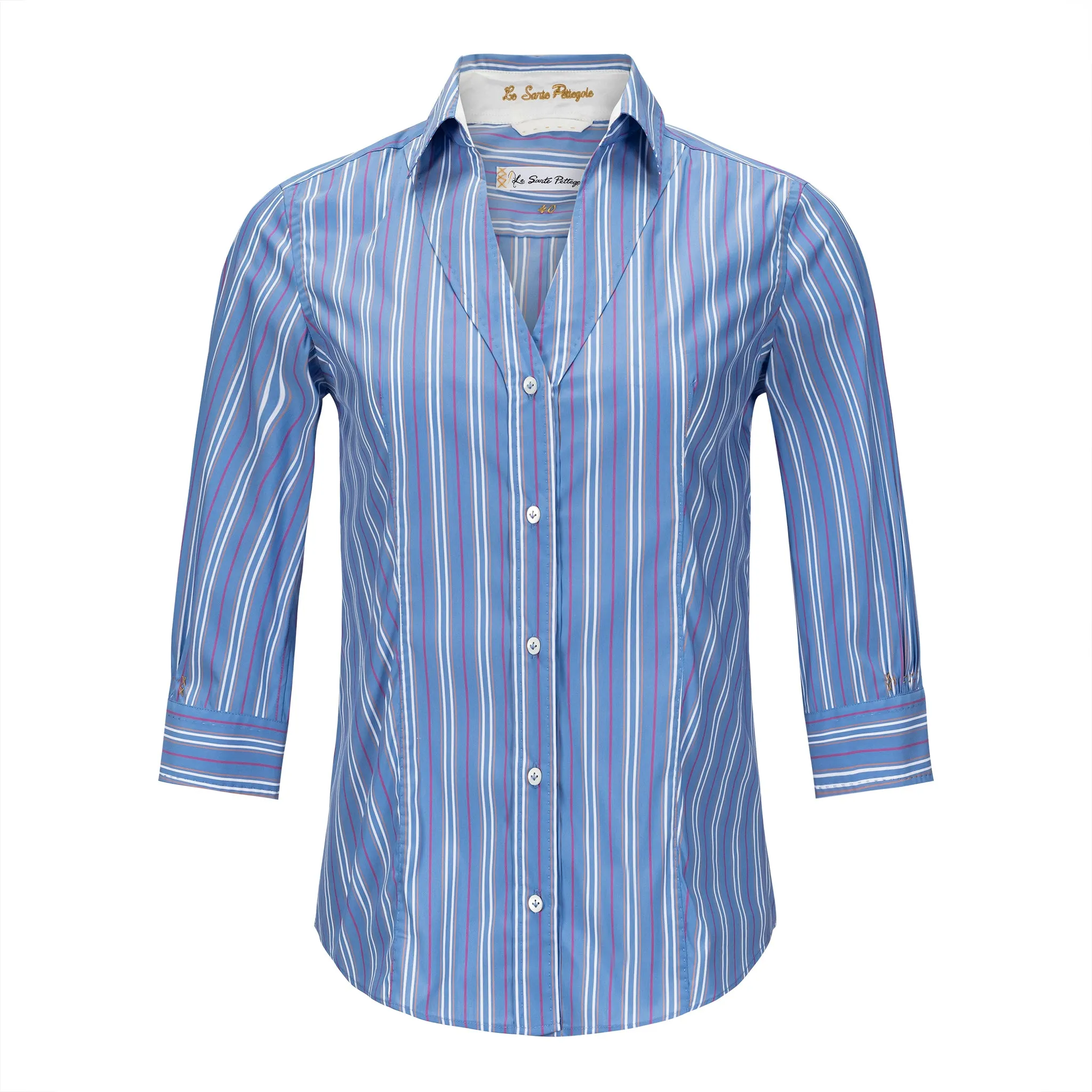 Fitted 3/4 Sleeve Colorful Blue Striped Cotton Shirt