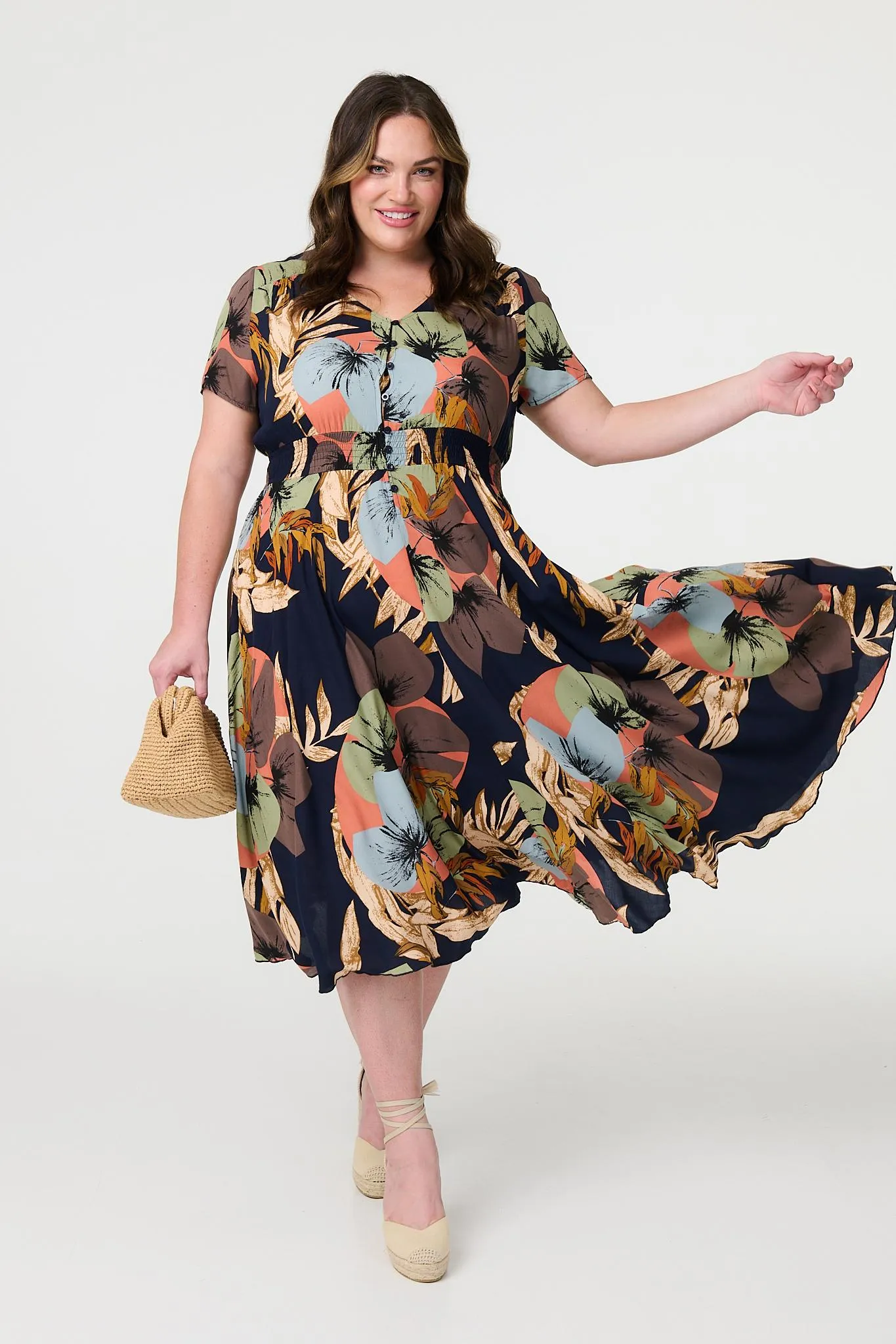 Floral Print Short Sleeve Midi Dress