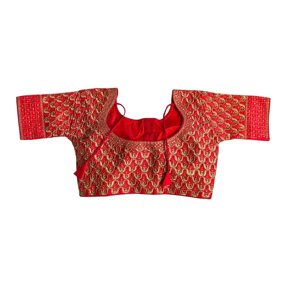 Front and back Embroidered long sleeve saree Blouse - Red