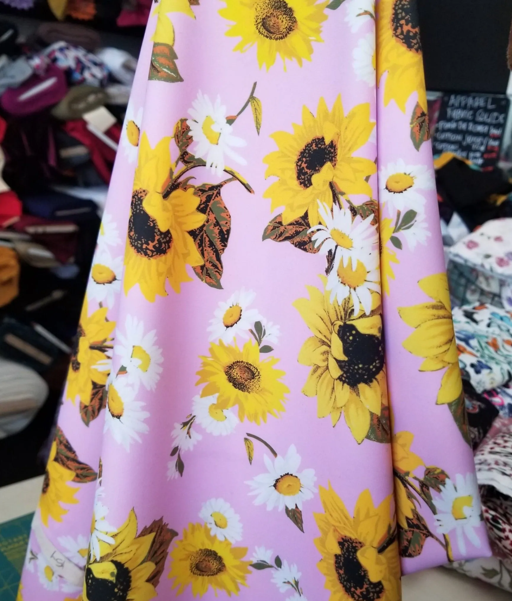 LA Finch 5 yard precut: 5 yards of Designer Deadstock Nylon Spandex Swim Performance Wear Bohemian Sunflowers and Daisies Pink Knit