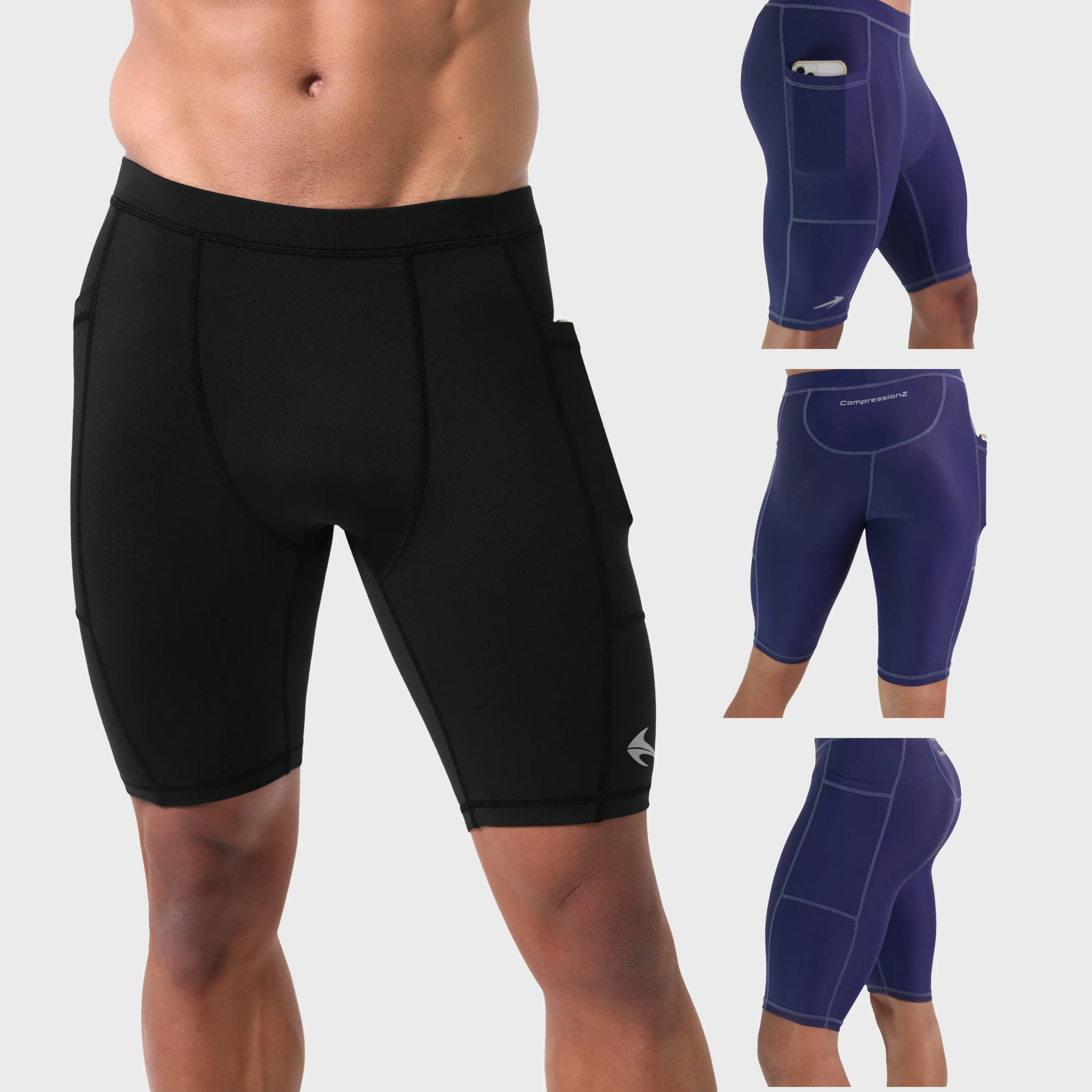 Men's 8" Polyester Compression Shorts W/ Pockets - Black