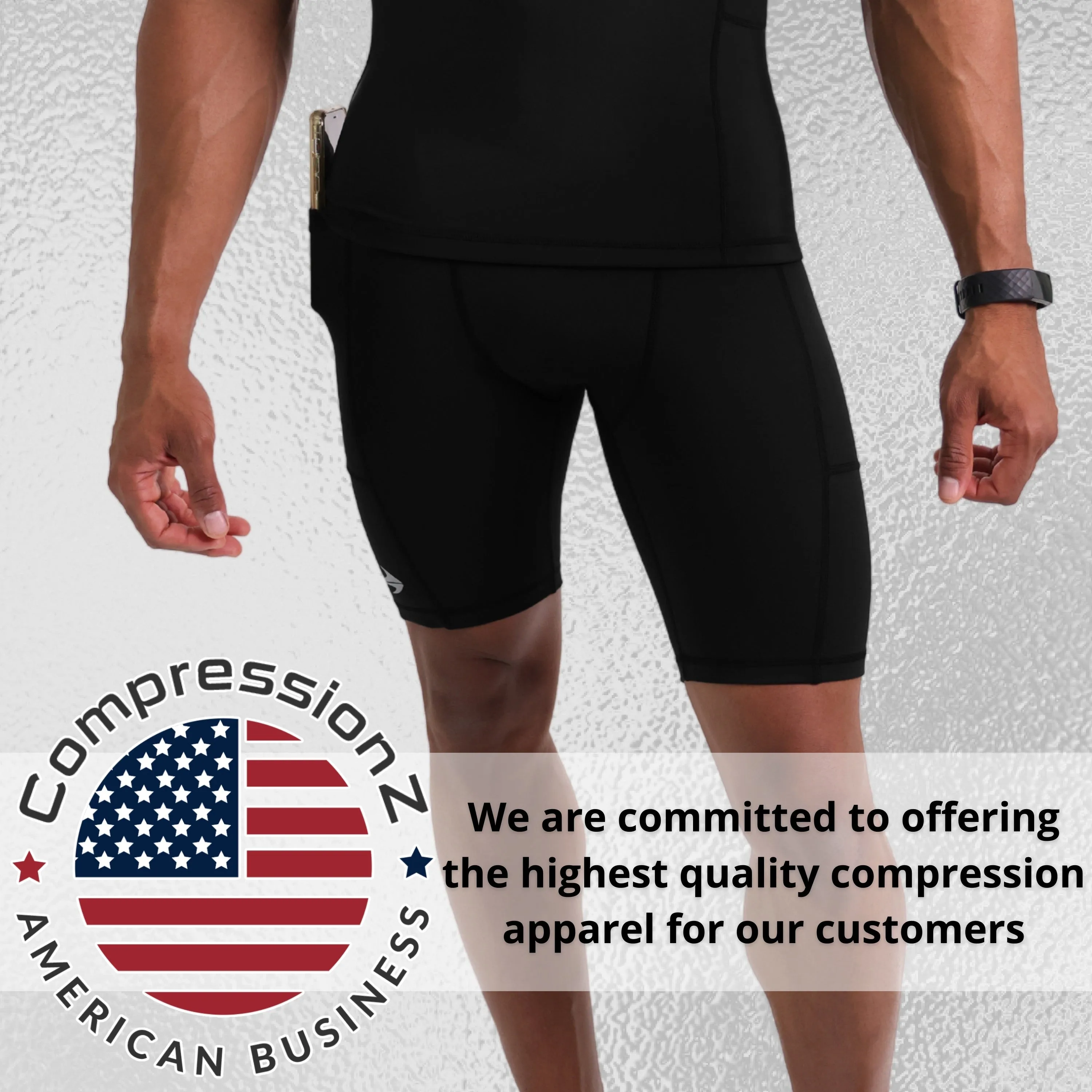 Men's 8" Polyester Compression Shorts W/ Pockets - Black