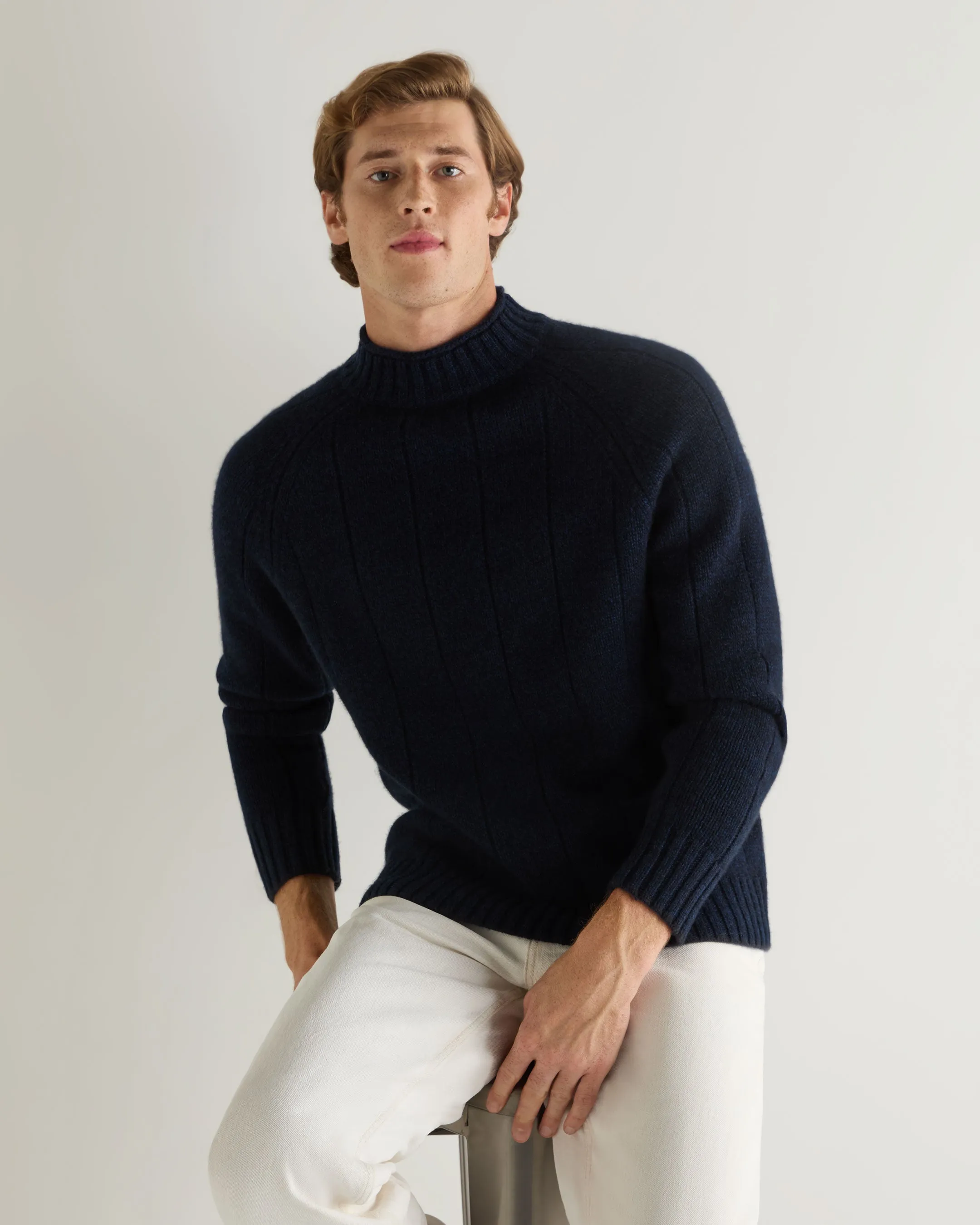 Men's Spitalfields Rib Funnel Neck Cashmere Jumper Navy Blue Melange