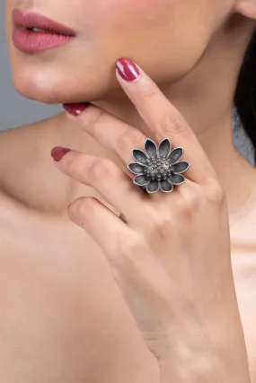 Oxidized Silver Adjustable Sunflower Ring with Intricate Detailing for All Occasions