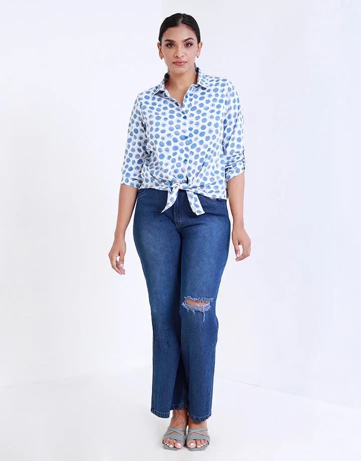 Printed Shirt Blouse with Tab Sleeves