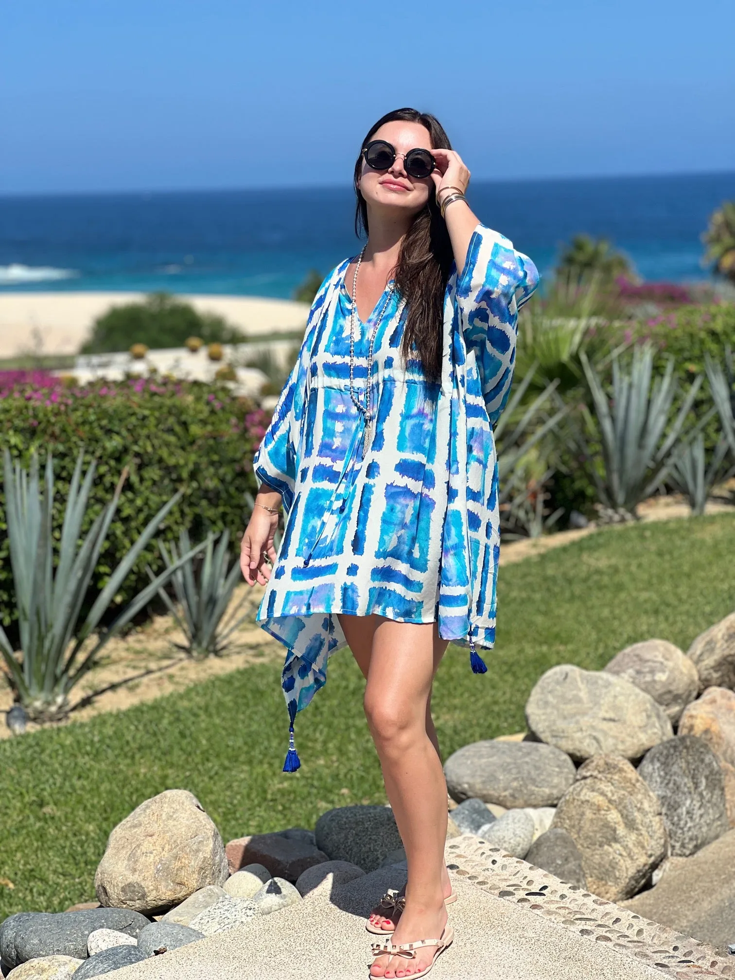 Santorini Italian Silk Tie Dye Short Kaftan Dress