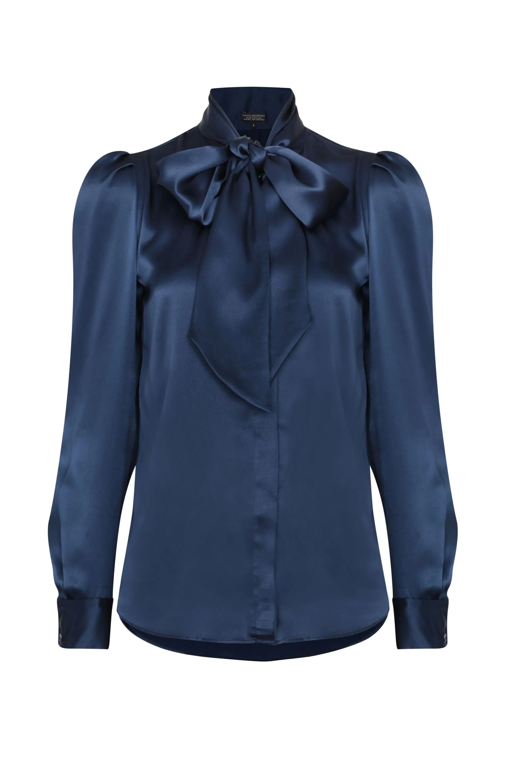 Tie-Neck Blouse in Navy Silk Satin - Denisa