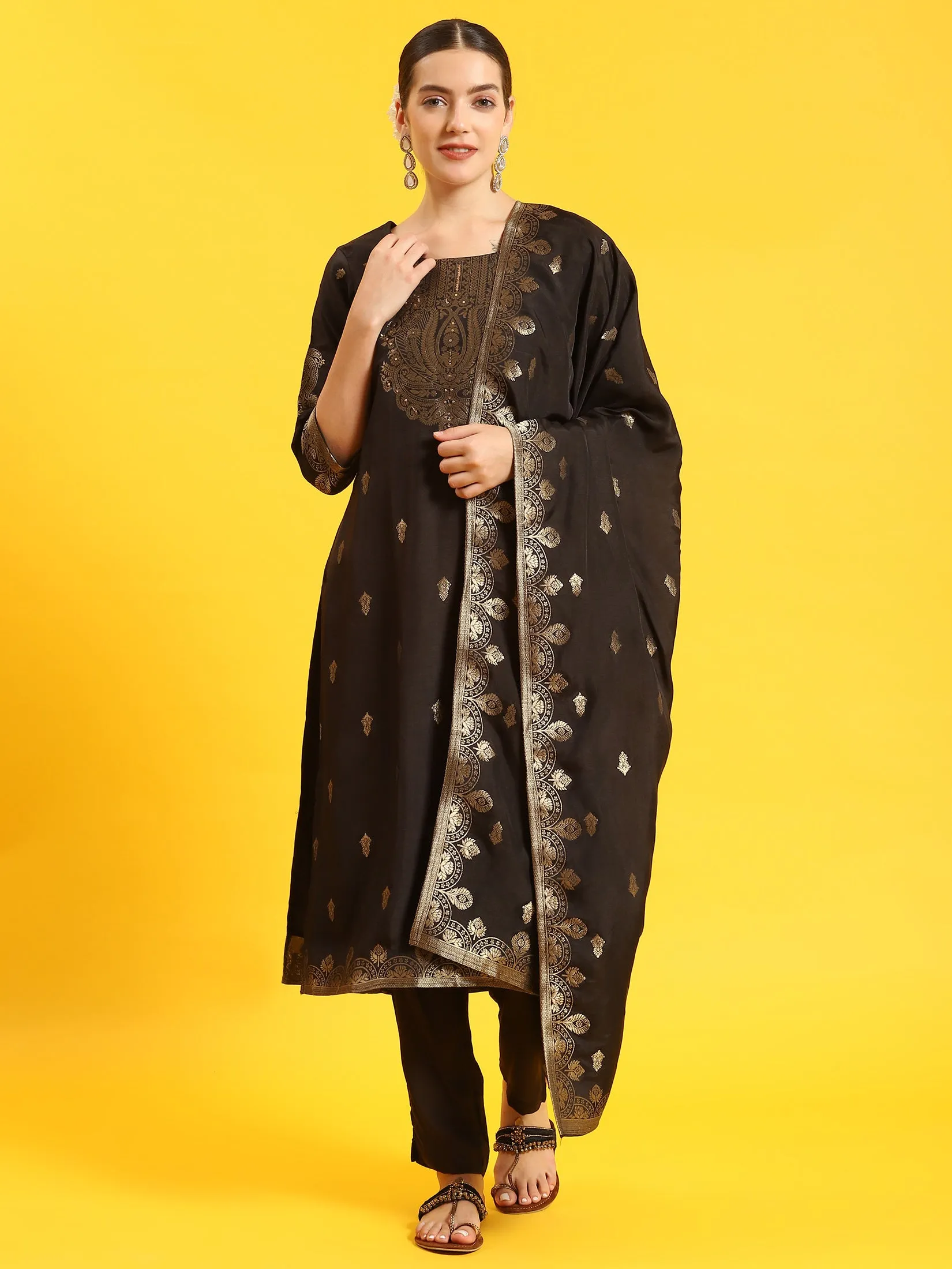 Women Black Printed Kurta Trouser Dupatta